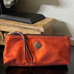 Donald J Pliner Couture  Vibrant Orange red metallic wristlet / Clutch